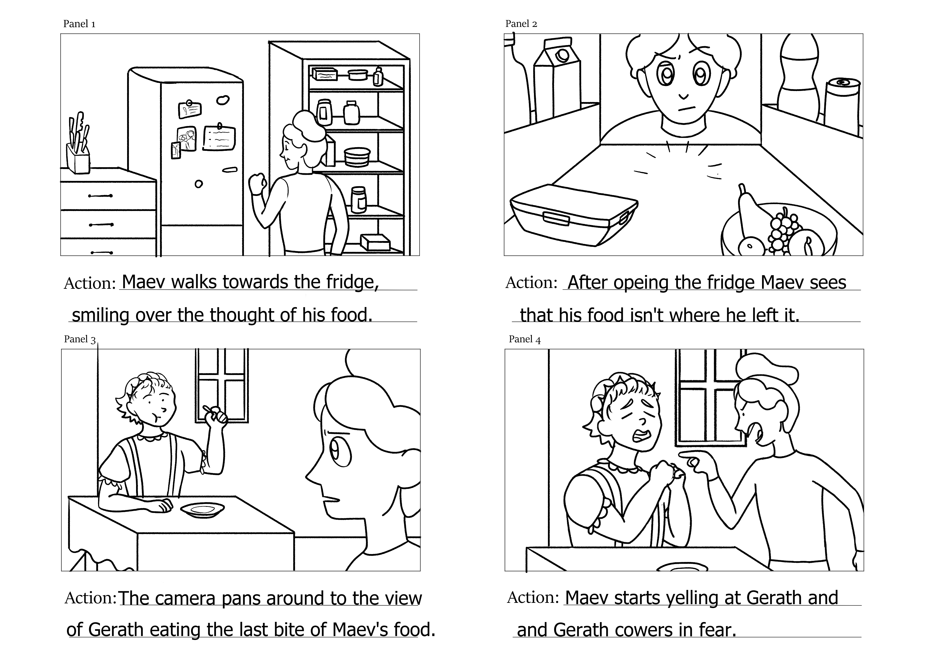 Four panel storyboard: “Hungry”